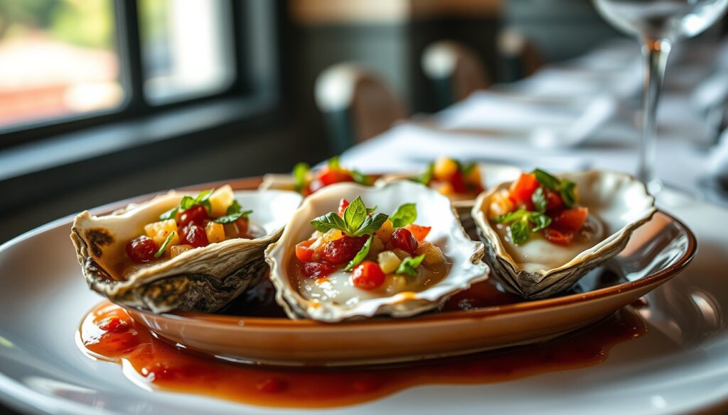 Baked Oysters with Garden Vegetable Confetti & a Chardonnay & Cape Cod Cranberry Reduction Boston Life Magazine