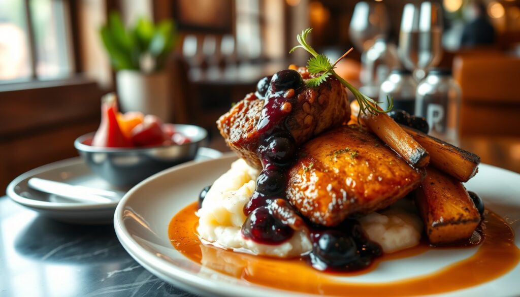 Buffalo with a Cracked Peppercorn & Blueberry Reduction Garlic Mashed Potatoes & Grilled Vegetables Boston Life Magazine