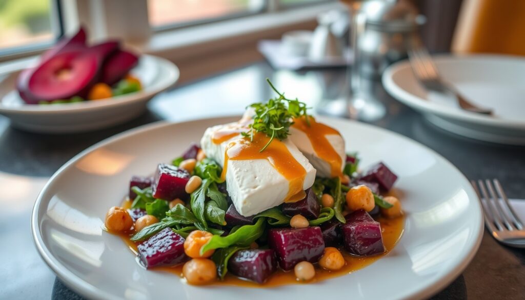 Sautéed Beet Greens and Caramelized Shallots Served with Peppered Goat Cheese Topped with Sweet Maple Dressing Boston Life Magazine
